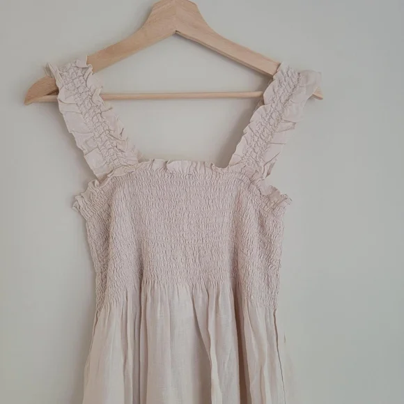 Quince 100% European Linen Smocked Midi Dress, Sand Beige, L - Picture 4 of 9